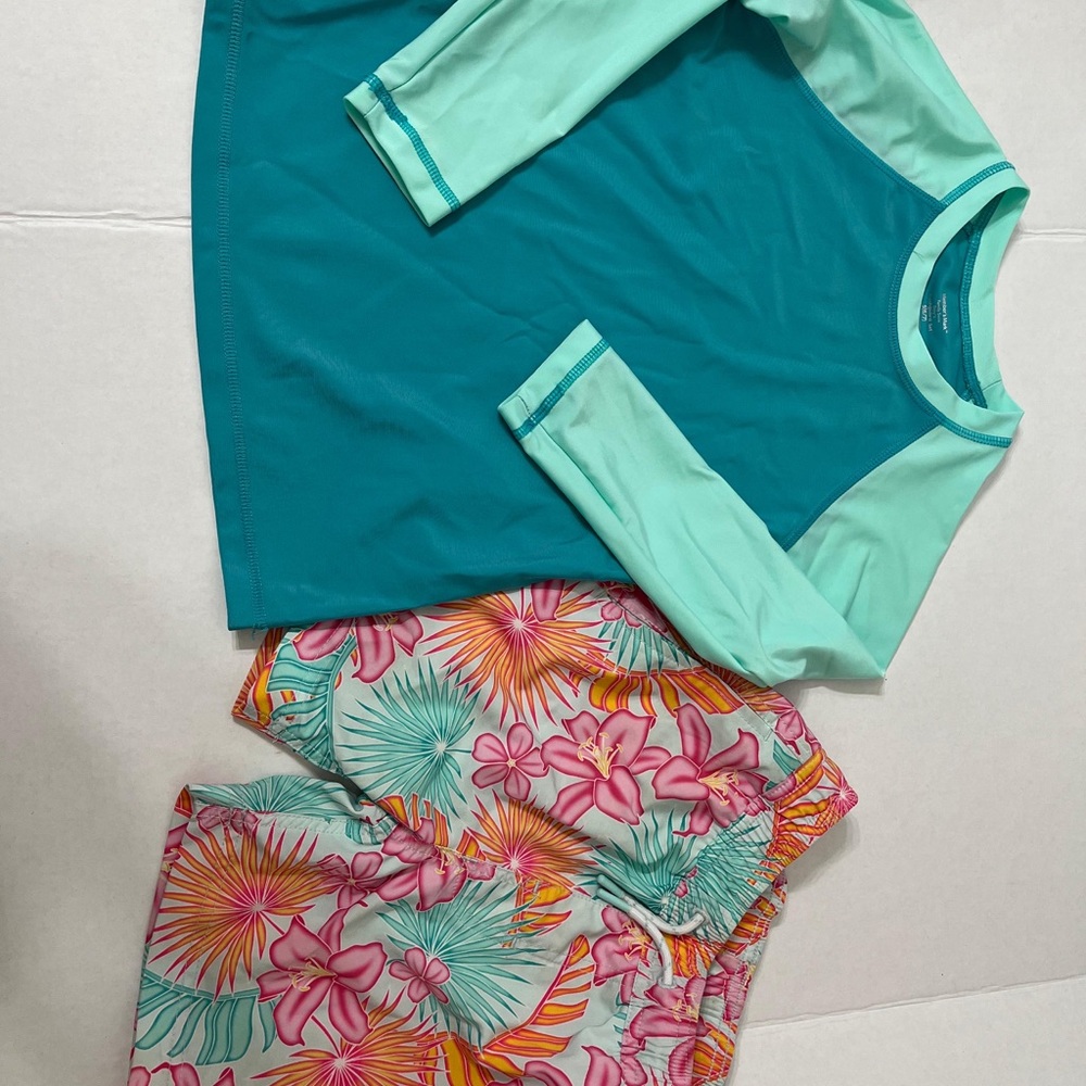 Girls Teal & Mint Rash Guard Swim Set with Tropical Floral Shorts